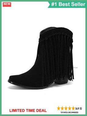 Faux Suede Fringe Ankle Cowboy Boots Square Toe Block Heel Pull On